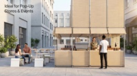 Kiosque à café modulaire d'extérieur, panneau en bambou, structure en acier, comptoir, table et chaises, ensemble portable, café pop-up, présentoirs