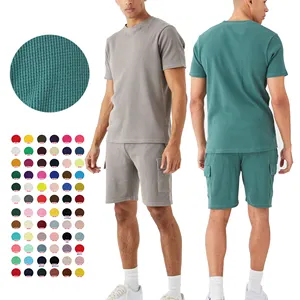Custom Waffle T-shirt and Cargo Shorts Tracksuit set Slim Fit Crew Neck Street wear Two pieces Sweatsuit for men
