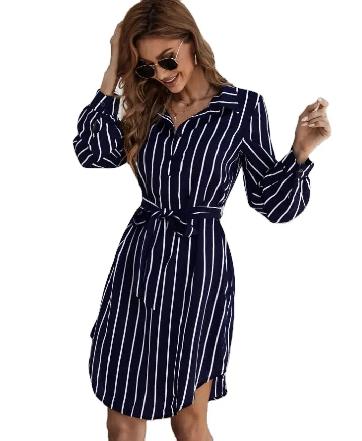 Vertical Striped Belted Shirt Dress Long Sleeve Elegant Navy Blue Midi Dress