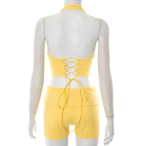 Completo Estivo da <span class=keywords><strong>Donna</strong></span> Due Pezzi, Top Halter Senza Schienale con Lacci e Shorts a Vita Alta, Set <span class=keywords><strong>Sexy</strong></span> Due Pezzi <span class=keywords><strong>Abbigliamento</strong></span> Femminile - Product Image 6