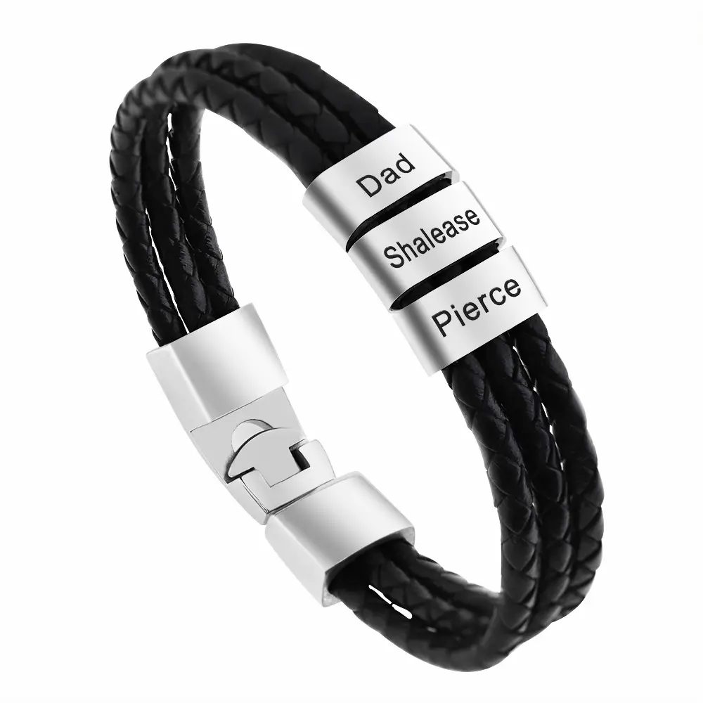 Customized Braided Leather Multi Layer Engraved Family Name Beads Leather Bracelet For Gifts