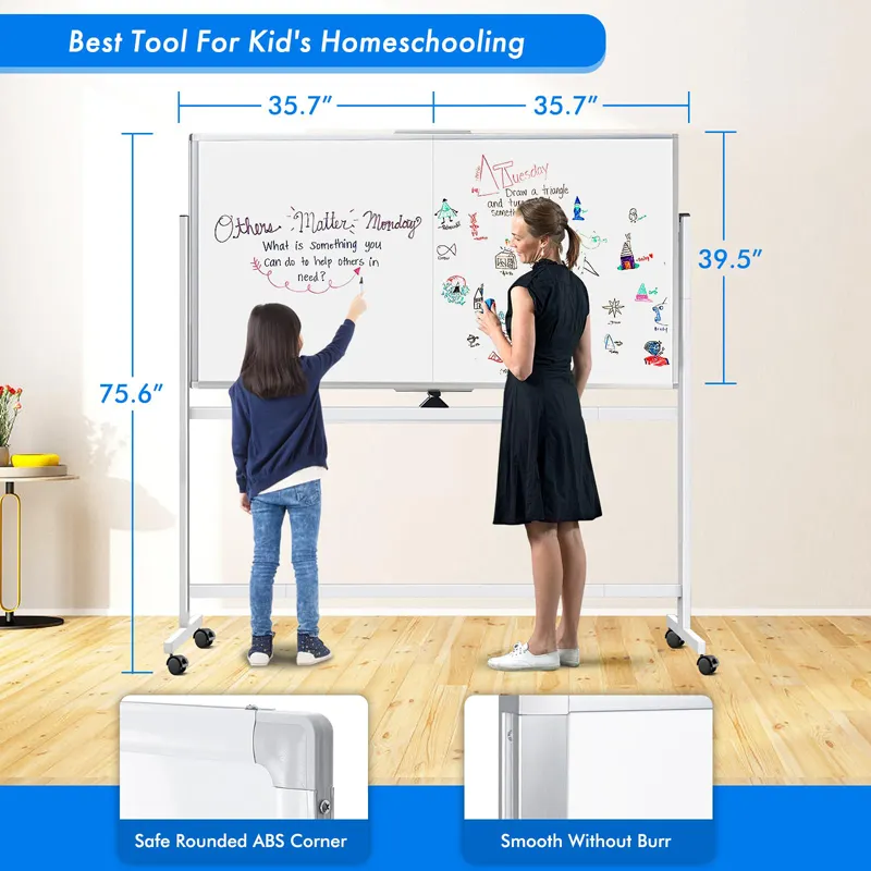 Large Reversible Dry Erase Board Easel Standing Board Double Sided Rolling Whiteboard Mobile Magnetic White Board