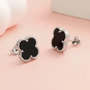 Jewelry Lucky 925 Sterling Silver Va Black Agate Mother Of Pearl Clover Stud Earrings For Women