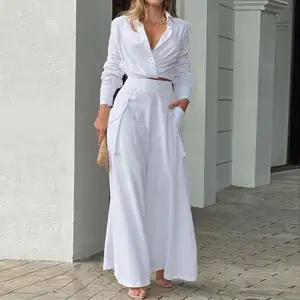 Women Long Sleeve Shirt Wide Leg Pants 2 Pieces Sets Lady V-Neck Single-breasted Loose Suit 2022 Female Fashion Outfits