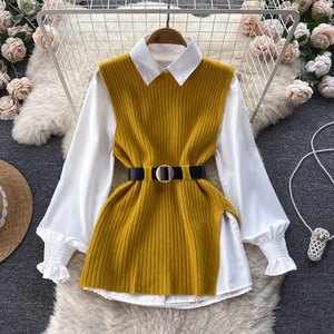 Longue lanterne manches chemise femmes tricoté gilet 2 deux pièces ensemble 2021 printemps automne femmes chemises ensembles <span class=keywords><strong>sans</strong></span> manches <span class=keywords><strong>pull</strong></span> hauts - Product Image 4