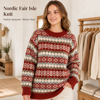 Pulls en tricot Fair Isle personnalisés pour femmes, à manches longues, col rond, jacquard géométrique à losanges, pulls épais et chauds pour l'hiver