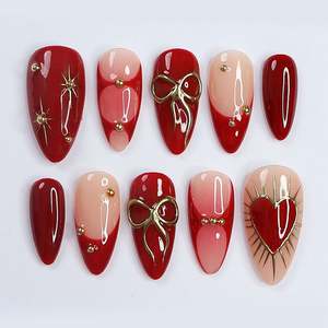 24 Uñas Postizas Francesas con Forma de Almendra, Elegantes, Cobertura Completa, Uñas Artificiales a Presión, Exquisito Accesorio <span class=keywords><strong>para</strong></span> el Cabello con Lazo, Borde Dorado <span class=keywords><strong>para</strong></span> Dedos - Product Image 4