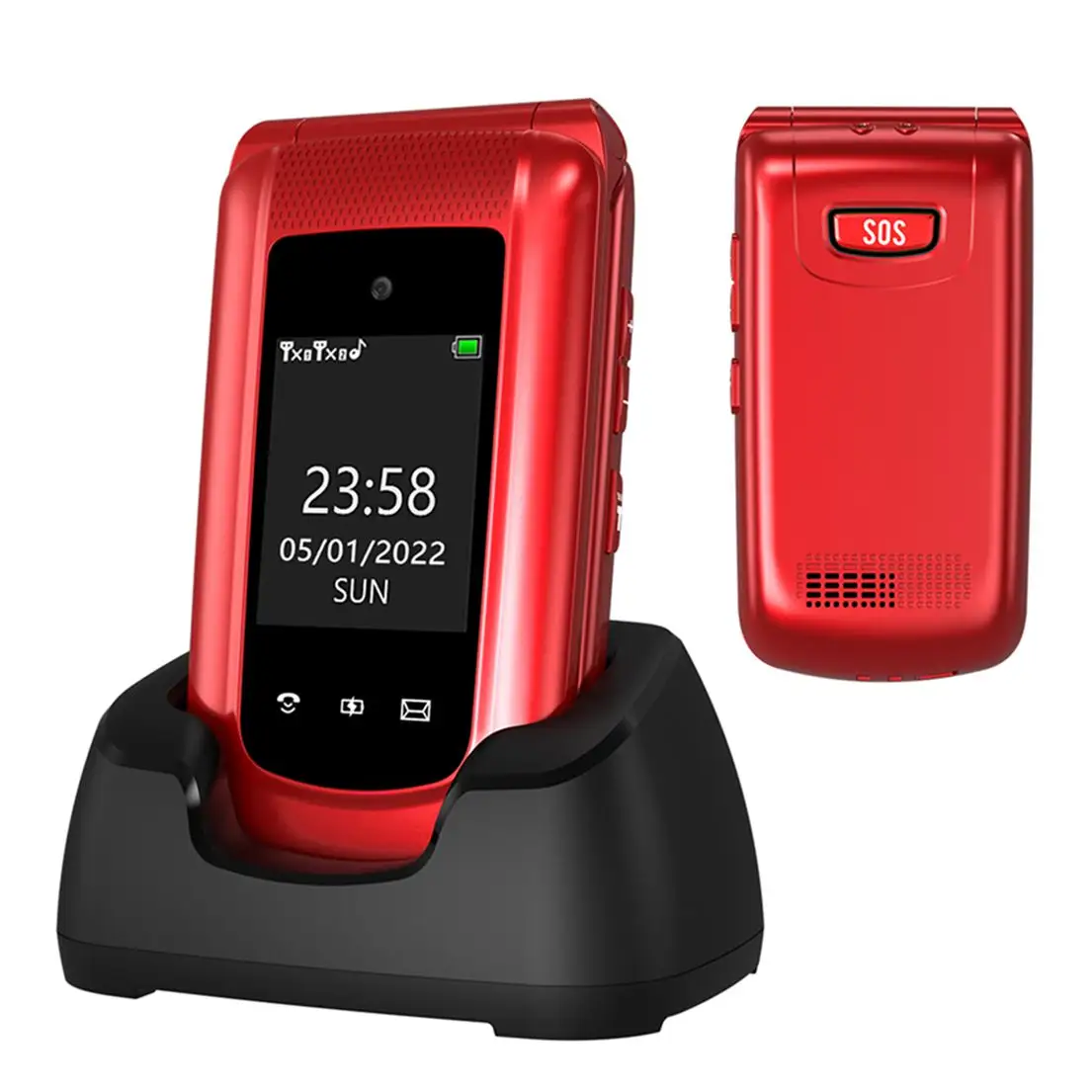 High Quality 4G Feature Phone 1.77+2.4'' Dual Screen LTE Flip Phone with Charging Dock FM Bluetooth for Elderly People