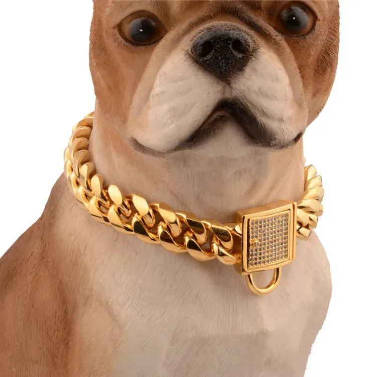 Collier de luxe en acier inoxydable plaqué or pour chien, chaîne ras du cou de 14MM, vente en gros, animalerie pour animaux domestiques