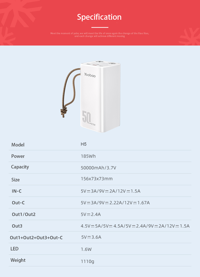 Sạc dự phòng Yoobao H5 50000mAh PD 20W