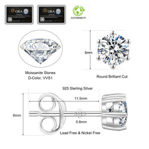 Grandes boucles d'oreilles Moissanite GRA certificat femmes bijoux de mode 6mm diamant 925 argent Sterling VVS Moissanite boucles d'oreilles hommes - Product Image 2