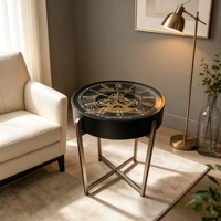 Table d'appoint décorative ronde avec horloge, cadre en métal noir, chiffres romains, pour salon et couloir
