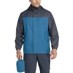 Chaqueta Impermeable con Capucha para Hombre, Diseño Color Block Azul Gris, Poliéster, Casual, Primavera, Ajuste Regular, Cierre de un Botón - Product Image 1