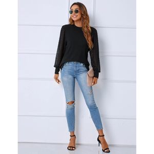Womens Dressy Sweater Mock Neck <b>Lantern</b> Sleeve Lace Hollow Out Elegant Pullover Business Casual Top - Product Image 5