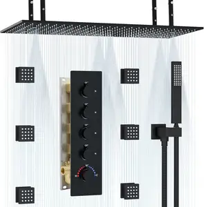 Matte Black Rainfall Mist Ceiling Shower System Luxury Large 15.7 X 31.5 inch Dual Function Shower Head Body Jets Handheld