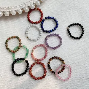 แหวนคริสตัลธรรมชาติสำหรับผู้หญิงงานแต่งงานงานปาร์ตี้ควอตซ์เงาอเมซอนไนต์ทัวร์มาลีนสีชมพูมินิมอลลิสต์แหวนยืดหยุ่นปรับขนาดได้สไตล์โบโฮ - Product Image 4