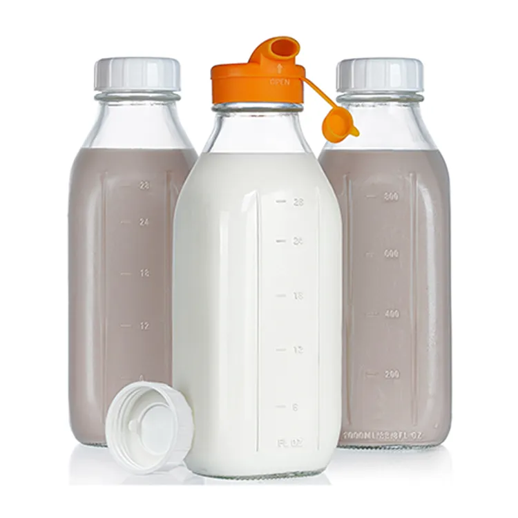 Diskon besar 32oz botol susu kaca dengan cerat Tuang transparan persegi dapat digunakan kembali botol kaca untuk jus