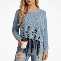 Suéter de punto casual para mujer, azul claro, con diseño de cable de diamante, aberturas y borlas de cinta azul oscuro, cuello redondo, estilo crop, venta directa de fábrica