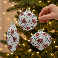 Lot de 3 décorations de Noël en verre, motifs étoiles rouges peints à la main, boules rondes et en forme de larme, décorations festives pour sapin de Noël