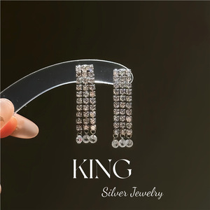 King Silver Jewelry S925 Sterling Silver Drop <b>Earrings</b> Full Diamond Tassel Party Fashion Luxury <b>Fine</b> Dangle <b>Earrings</b> - Product Image 2