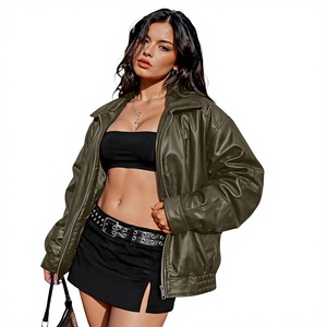 Blouson bomber vert olive pour femme, style moto, fermeture éclair sur le devant, coupe ample, couleur unie, col rabattu, manteau coupe-vent d'automne - Product Image 1
