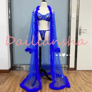 Frauen Blau Gelb Lange Pelz Roben Sheer Mesh Transparente Spitze 3 Stück Sexy Dessous Set Mit Robe Frauen 2022