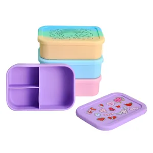 2024 New Leakproof Silicone Lunch Box 3-Compartment BPA Free Food Storage Container for Kids for Salad Bento Box
