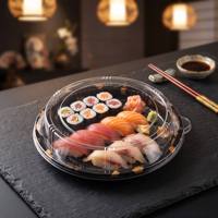 Boîte à sushi ronde, plateau à sushi en feuille d'or avec couvercle transparent, conteneur jetable pour emporter au restaurant