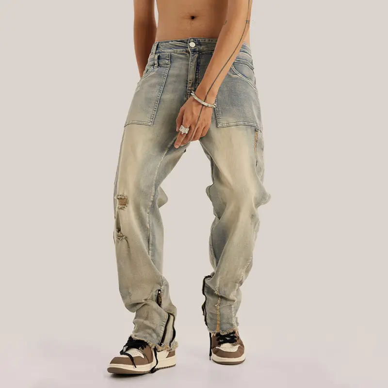 Grosir penjualan langsung jeans denim ritsleting placket dicuci kerajinan pria celana jeans denim
