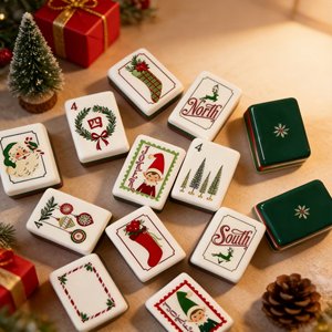 Jeu de Mahjong Américain de Noël avec Tuiles Père Noël et Rennes, 160 Pièces en Acrylique Vert Vintage, Gravées, pour 4 Joueurs, Tapis Inclus, Cadeau de Fêtes - Product Image 3