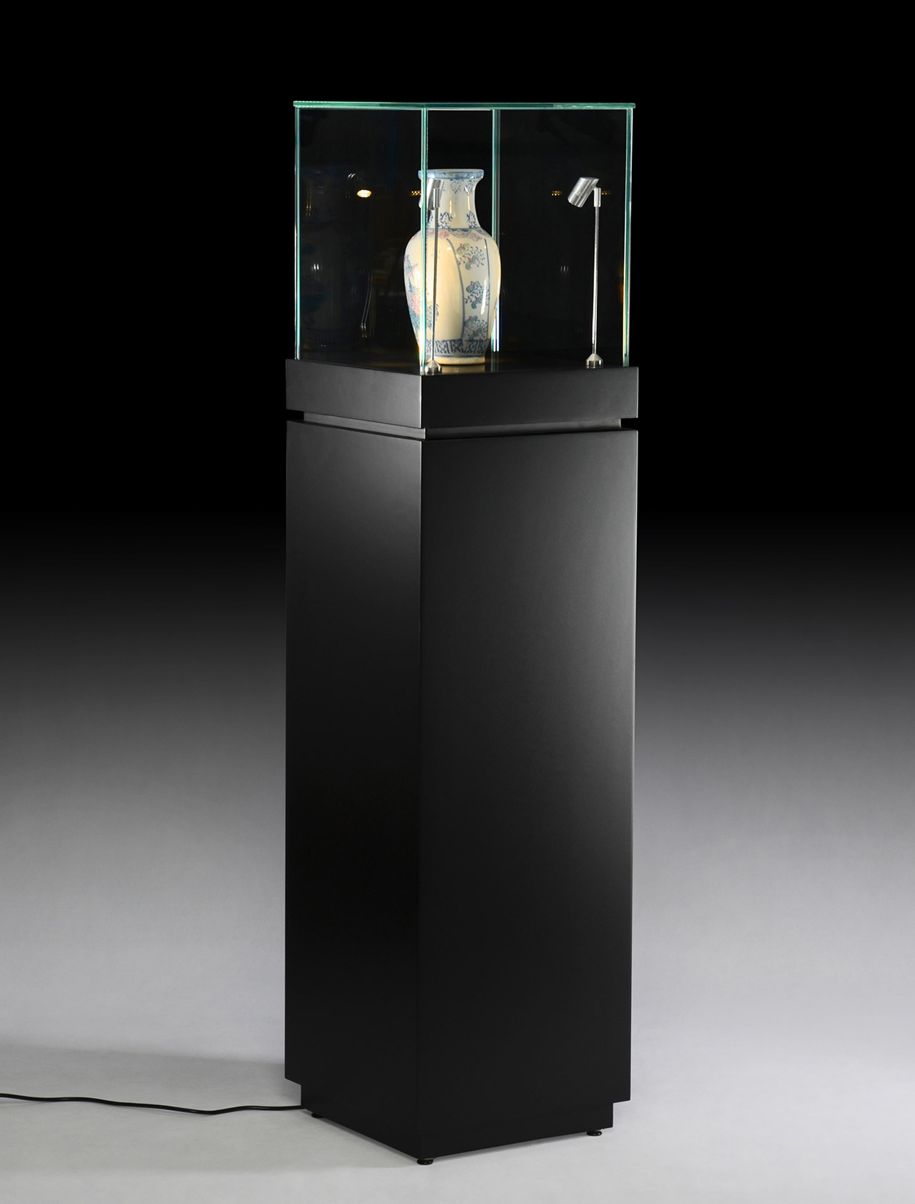 Apache 16″ Pedestal Display Case with Cabinet Base Locking Drawer & LED Spotlights Black Pine Wood for — view 3