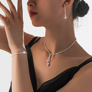 Cristal CZ Négligé Collier Bracelet Boucles D'oreilles Ensemble Brillant Strass Minimaliste Ensemble De Bijoux De Mariée Pour Dames - Product Image 2