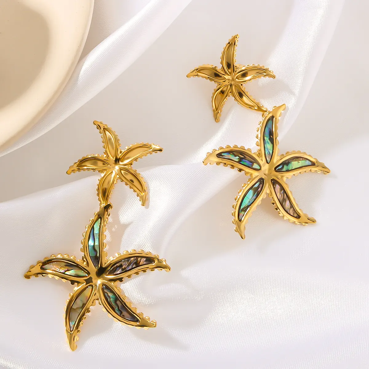 New Summer Beach Style Starfish Five-Pointed Star Inlaid Black Seashell Stainless Steel Waterproof Non-Fading Earrings
