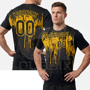 เสื้อบาสเก็ตบอลแบบซับลิเมชั่นสีดำเหลืองสำหรับผู้ชาย คอกลม แขนสั้น ระบายเหงื่อได้ดี พิมพ์ชื่อทีม สำหรับผู้ใหญ่ - Product Image 5