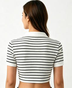 Camiseta Polo Corta de Punto Acanalado a Rayas para Mujer, Manga Corta, Corte Ajustado, Informal, Básica, Blanca y Negra, para Mujer, Verano, Estilo Y2K - Product Image 3