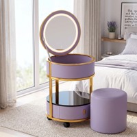 Station de maquillage moderne en acier inoxydable avec miroir LED 3 couleurs, chargeur de téléphone sans fil, roulettes universelles, hôtel, appartement