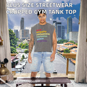 Camiseta sin mangas CONX de estilo urbano, holgada, talla grande, corta, para gimnasio, corte personalizado, sin mangas, tipo culturismo, lavado a la piedra para hombre - Product Image 2