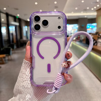 Étui de téléphone hybride PC TPU antichoc pour IP17 Pro Max, sangle transparente colorée avec fixation magnétique et étui de téléphone trois-en-un
