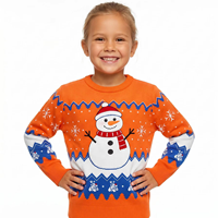 Pull de Noël moche en acrylique imprimé tricoté, motif bonhomme de neige orange, personnalisé avec logo frontal, idéal pour cadeau de fête