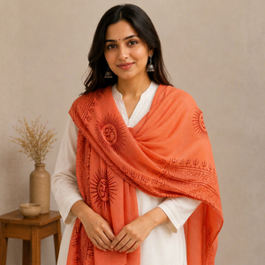 Châle en mousseline orange pour femme avec imprimé artisanal, léger et long, idéal pour le quotidien en été - Product Image 1