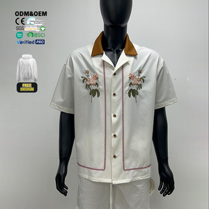 <span class=keywords><strong>Chemise</strong></span> 100% coton 260 Gsm Impression personnalisée Graphique T-shirt à épaules tombantes <span class=keywords><strong>Floral</strong></span> Blanc Brodé Chemises en lin boutonnées pour hommes - Product Image 1
