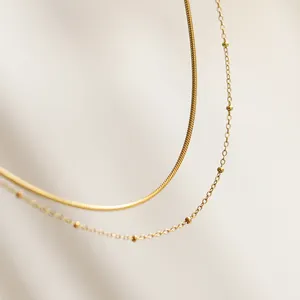 Versatile round bead round snake chain simple double layer necklace collar choker titanium stainless steel 18k gold plated jewel