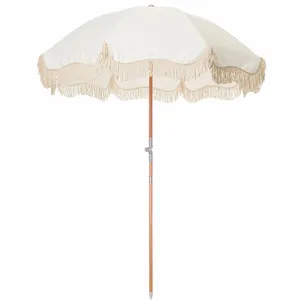 Parapluie de plage blanc pur, à bord ondulé, abri au soleil, avec glands, Offre Spéciale