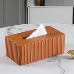 High Quality Hotel Tissue Box Luxury Modern Bedroom Orange Magnetic Bottom Rectangular Stripe Leather Napkin Tissue Box