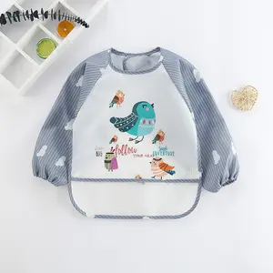 Celemek bayi lengan panjang antiair, bib untuk pakaian kerja seni baju makan lengan panjang, bib overall dengan kantong harga rendah