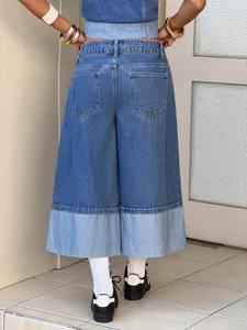 Jean décontracté et polyvalent pour <span class=keywords><strong>femme</strong></span>, coupe large 7 pouces, taille basse, ample, en denim tissé lavable - Product Image 2