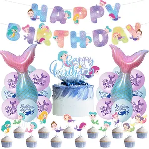 Umiss Mermaid Birthday Party Decorations with Paper Banner Cake Topper Mermaid Tail Foil Balloon Printed Balloon Home Decoration