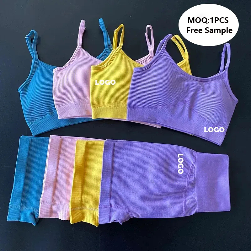 Fitness Clothing Woman Seamless Short Yoga Gym Push up Activewear Set 2 Piece Ribbed Sports Bra Biker Shorts Gym Fitness Sets