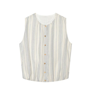 Blusa sin mangas a rayas para mujer, cuello redondo, botones al frente, top informal, primavera-verano, corte holgado, 100% algodón popelín tejido - Product Image 1