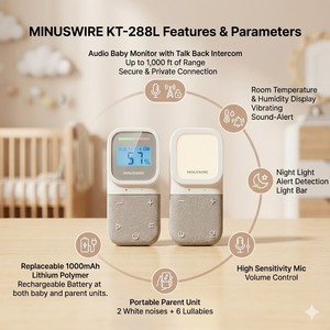 Moniteur audio pour bébé avec alerte vibrante, affichage de la température et de l'humidité, microphone haute sensibilité, lecteur de berceuses KT-288L - Product Image 2